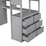 Twin Size Loft Bed with Wardrobe and Drawers, attached Desk with Shelves, Gray - Home Elegance USA