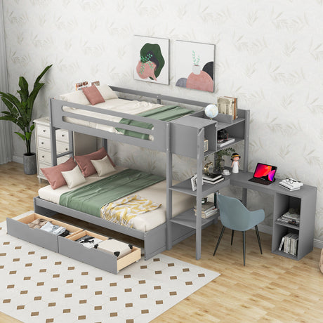 Wood Twin over Full Bunk Bed with Drawers, Shelves, Cabinets, L-shaped Desk and Magazine Holder, Gray - Home Elegance USA
