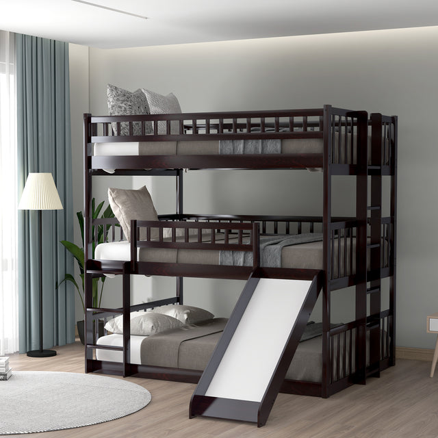 Full-Over-Full-Over-Full Triple Bed with Built-in Ladder and Slide , Triple Bunk Bed with Guardrails, Espresso(OLD SKU :LP000052AAP) - Home Elegance USA