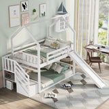 Twin over Twin House Bunk Bed with Convertible Slide,Storage Staircase,White - Home Elegance USA
