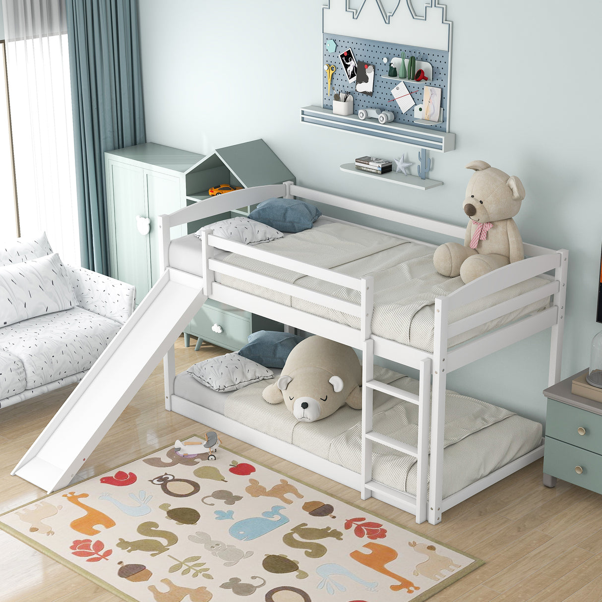 Twin over Twin Bunk Bed with Convertible Slide and Ladder , White(Old SKU:WF281725AAK) - Home Elegance USA