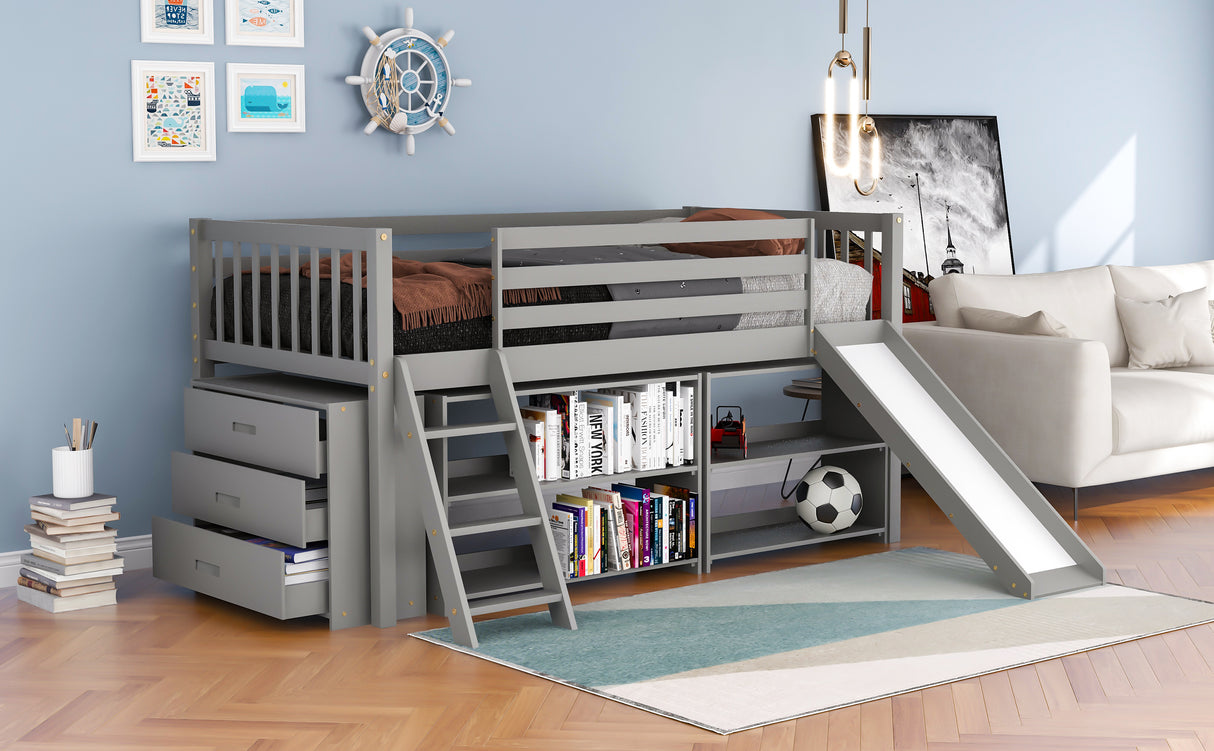 Low Loft Bed with Attached Bookcases and Separate 3-tier Drawers,Convertible Ladder and Slide,Twin,Gray - Home Elegance USA