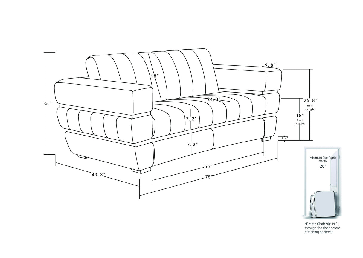 Global United Top Grain Italian Leather  Loveseat Home Elegance USA