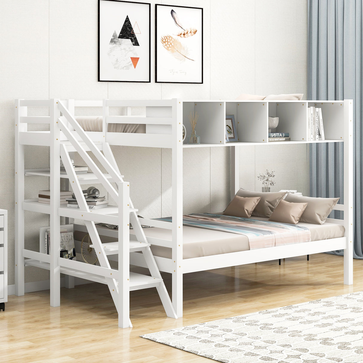 Twin over Full Bunk Bed with Staircase and Built-in Storage Cabinets,White - Home Elegance USA