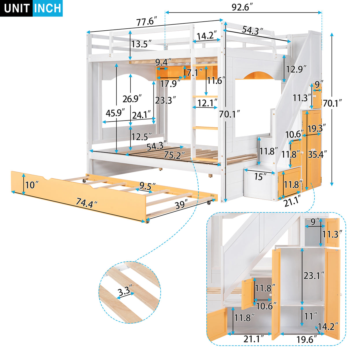 Full Over Full Bunk Bed with Trundle ,Stairs,Ladders Solid Wood Bunk bed with Storage Cabinet （White + Yellow） - Home Elegance USA