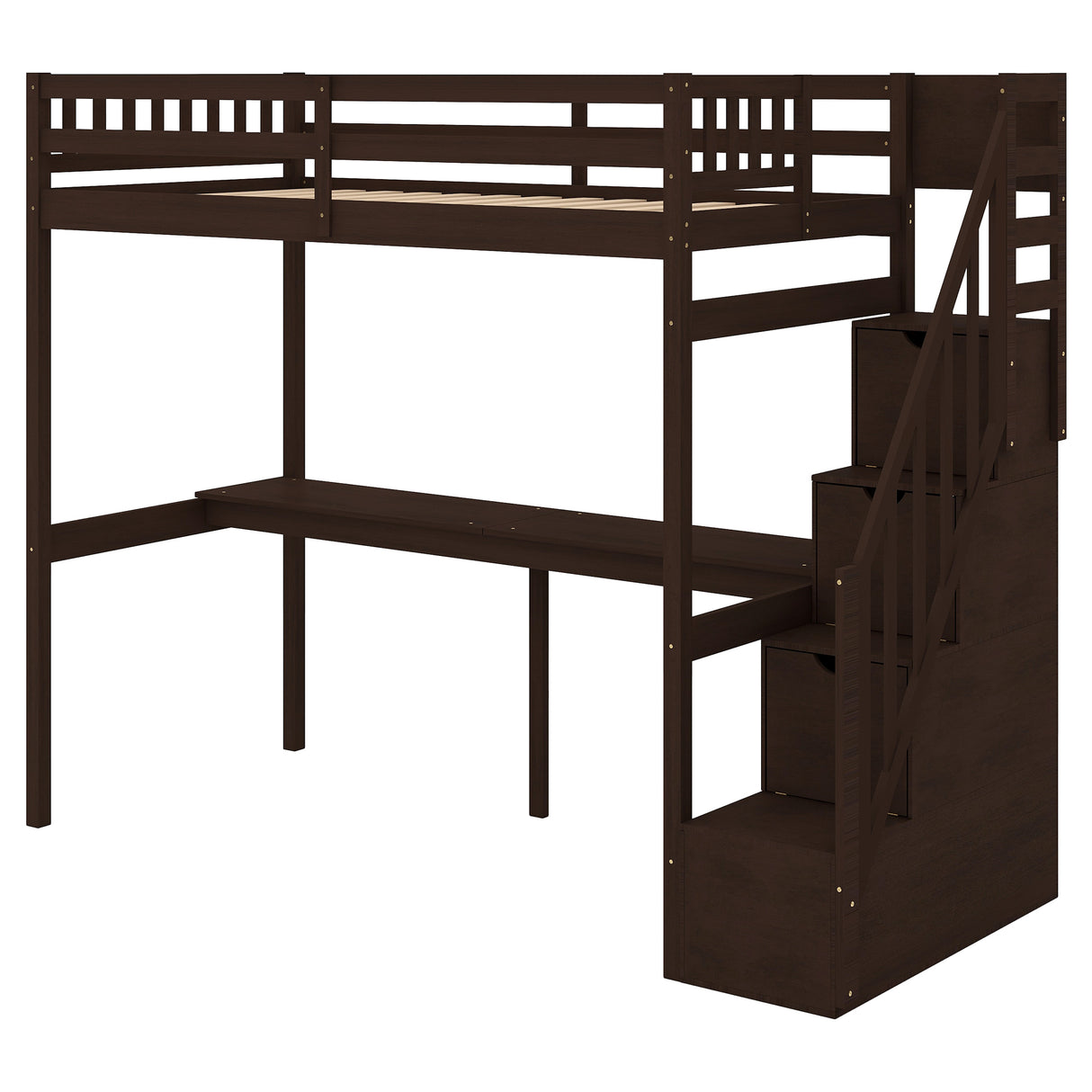 Twin Size Loft Bed with Storage Staircase and Built-in Desk, Espresso (Old SKU:GX000903AAP) - Home Elegance USA