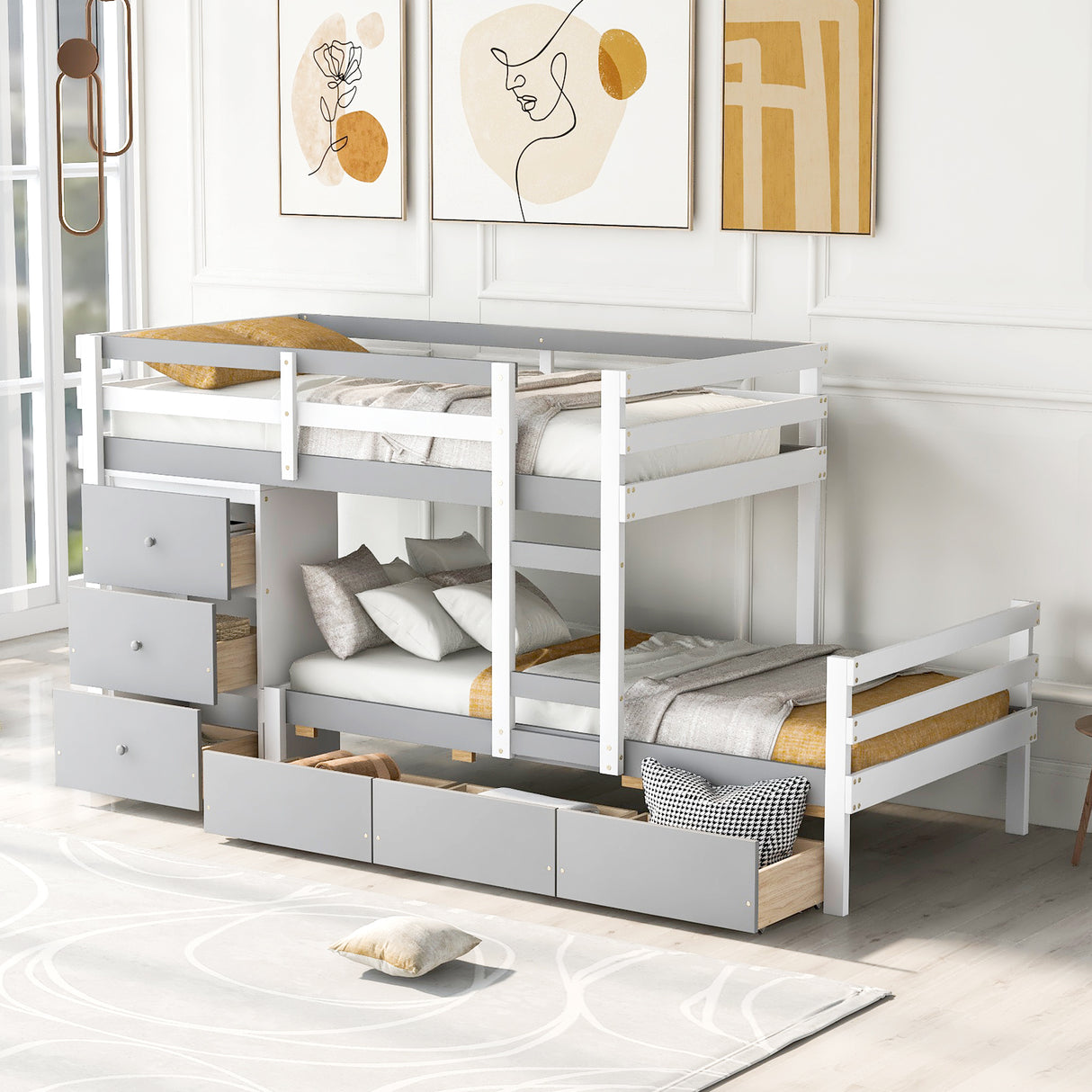 Twin over Twin Loft Bunk Bed with Drawers and Ladder, Gray - Home Elegance USA