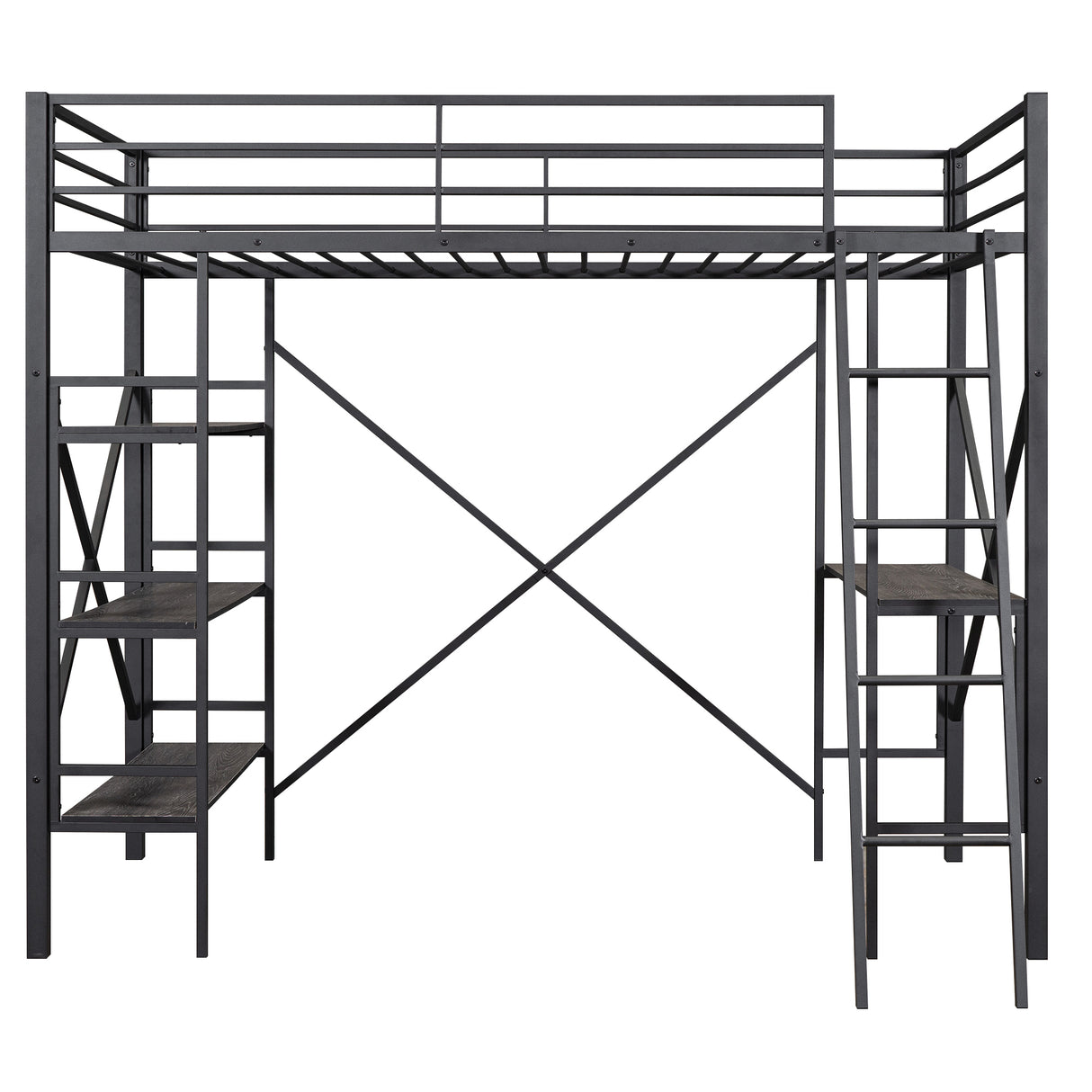 Twin Size Metal Loft Bed with Shelves and Desk, Black (Old SKU:SM001102AAB) - Home Elegance USA