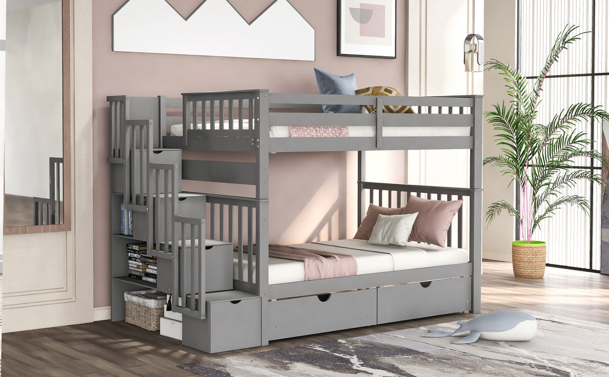 Full Over Full Bunk Bed with Shelves and 6 Storage Drawers, Gray(Old SKU：LP000046AAE) Home Elegance USA