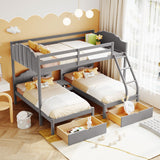 Full Over Twin & Twin Bunk Bed, Velvet Triple Bunk Bed with Drawers and Guardrails, Gray - Home Elegance USA