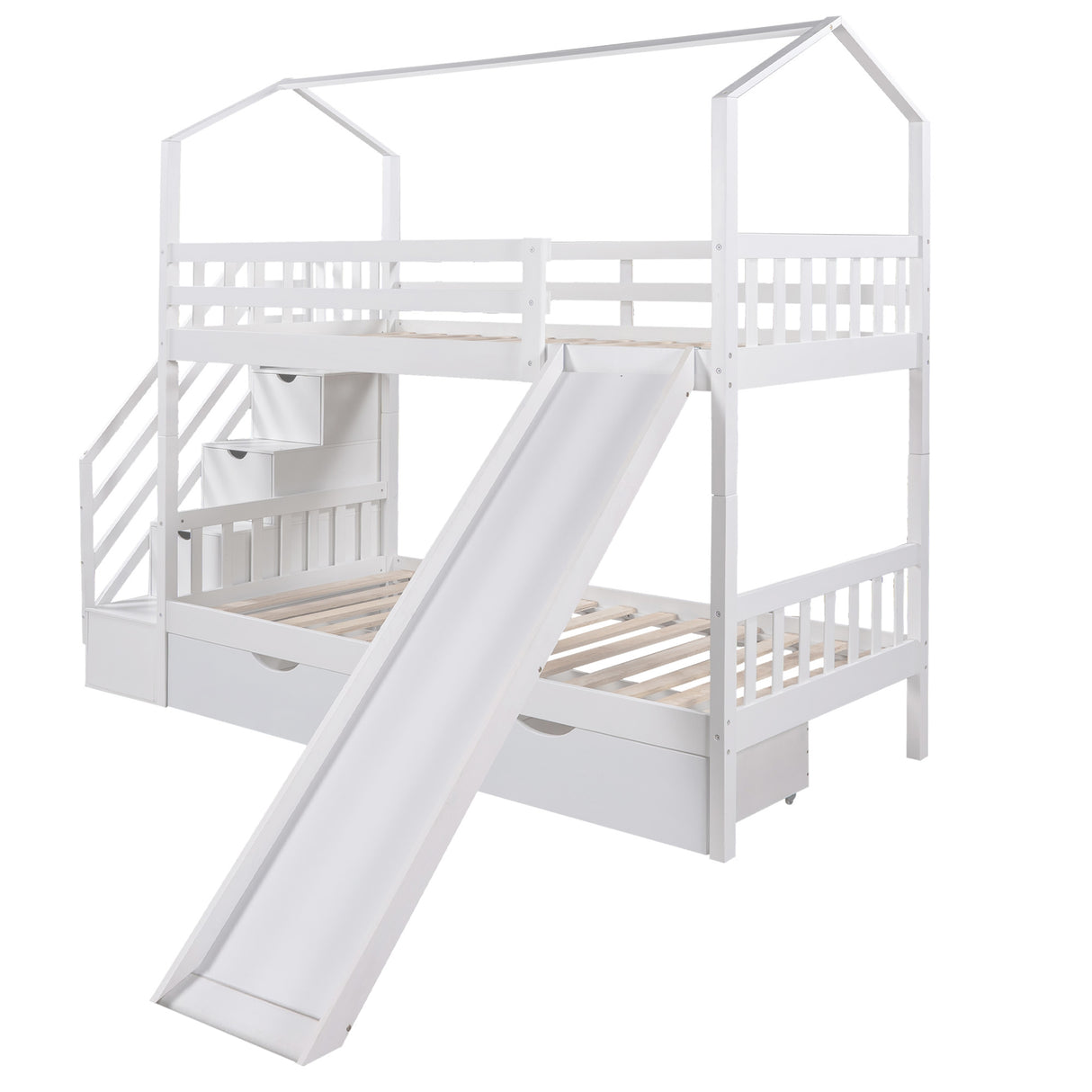 Twin over Twin House Bunk Bed with Two Drawers and Slide,Storage Staircase,White(OLD SKU:GX000906AAK) - Home Elegance USA