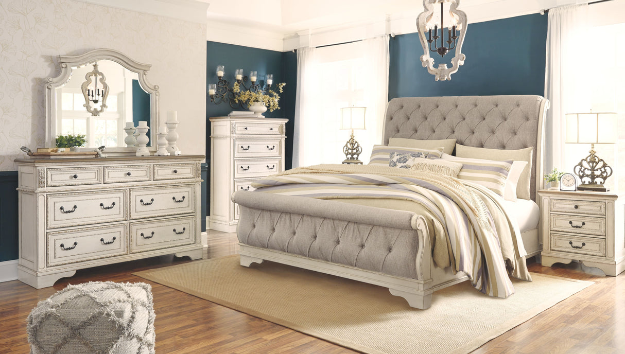 Realyn - Two-tone - 5 Pc. - Dresser, Mirror, King Upholstered Sleigh Bed - Home Elegance USA