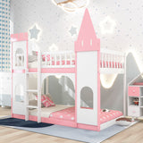 Twin Over Twin Castle Bunk Bed with Ladder - Pink - Home Elegance USA