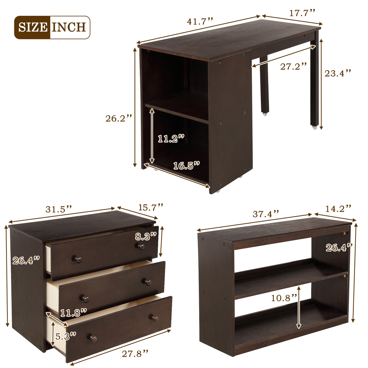 Low Study Twin Loft Bed with Cabinet and Rolling Portable Desk - Espresso (OLD SKU :LP000113AAP)