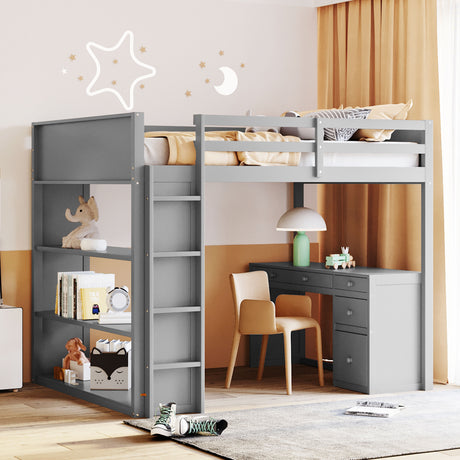 Full Size Loft Bed with Ladder, Shelves, and Desk, Gray - Home Elegance USA