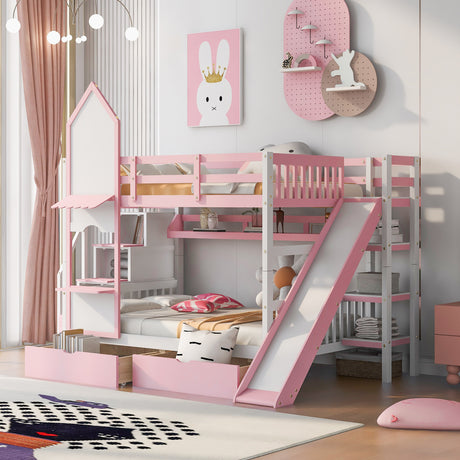 Full-Over-Full Castle Style Bunk Bed with 2 Drawers 3 Shelves and Slide - Pink