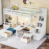 Full over Full Size Bunk Bed with staircase,the Down Bed can be Convertible to Seats and Table Set,White - Home Elegance USA