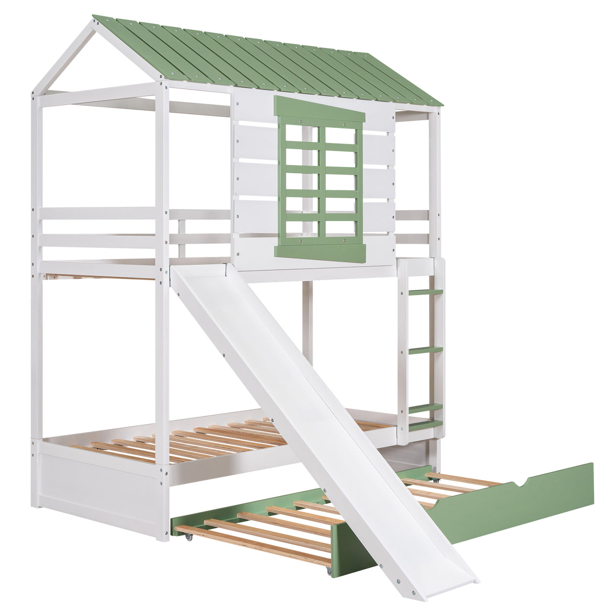 Twin over Twin Size House Bunk Bed with Convertible Slide and Trundle, White+Green - Home Elegance USA