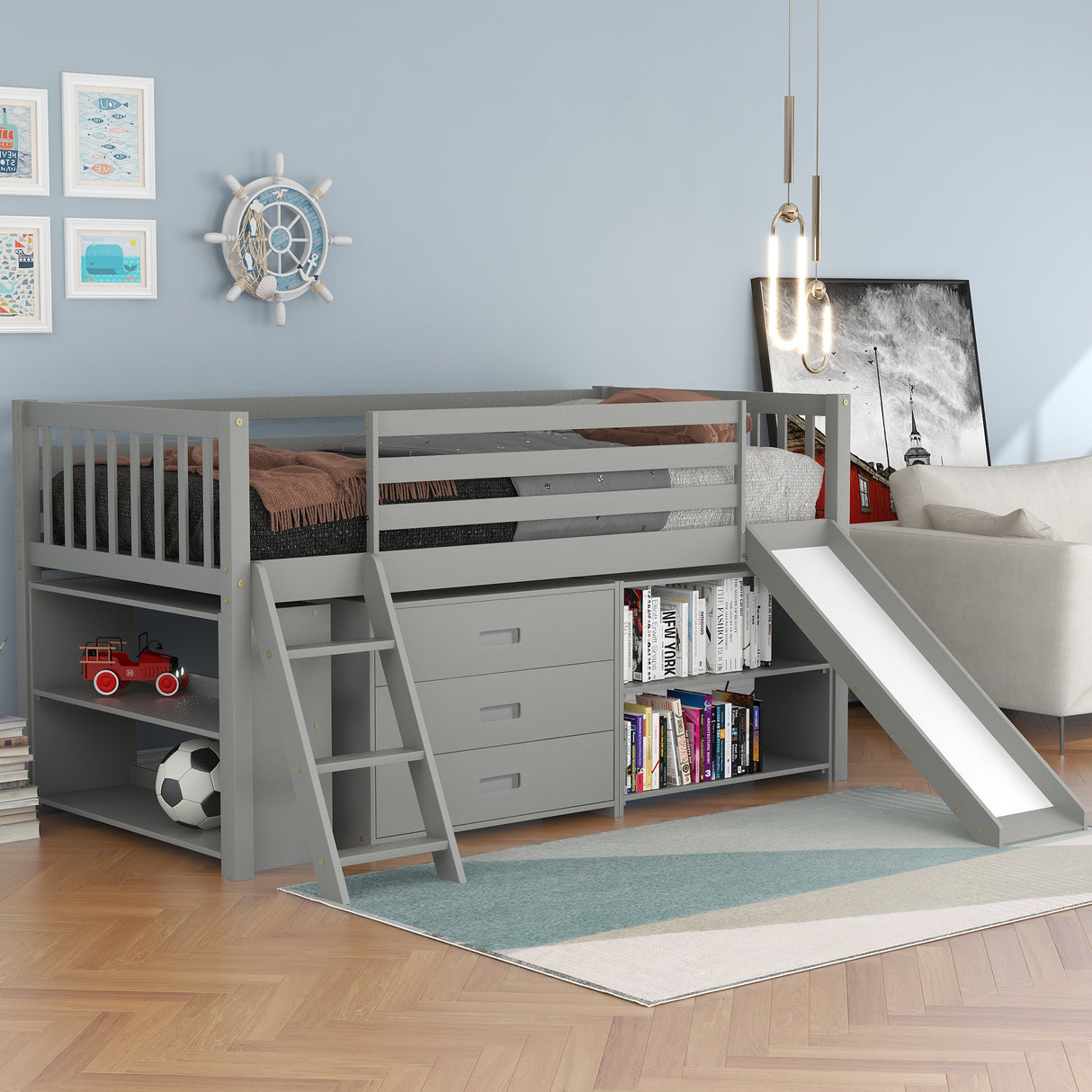 Low Loft Bed with Attached Bookcases and Separate 3-tier Drawers,Convertible Ladder and Slide,Twin,Gray - Home Elegance USA