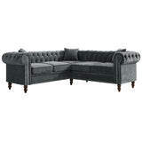 MH 80" Deep Button Tufted Upholstered Roll Arm Luxury Classic Chesterfield L-shaped Sofa 3 Pillows Included, Solid Wood Gourd Legs, Grey velvet - Home Elegance USA