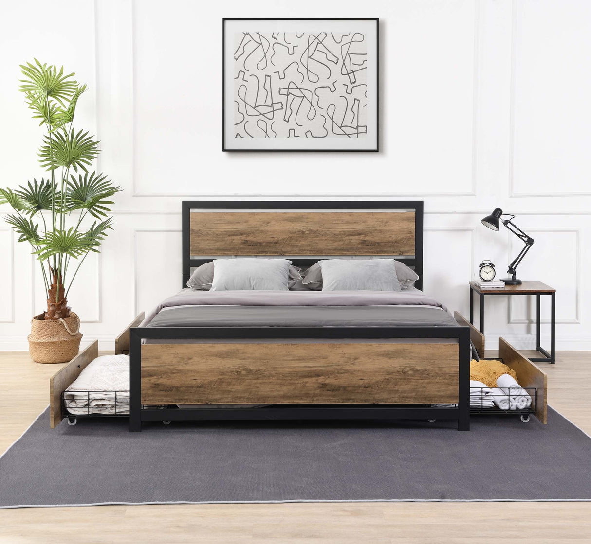 Industrial Wood and Metal Bed Platform with 4 Storage Drawers and Headboard, No Box Spring Needed, Full Size, Light Brown - Home Elegance USA