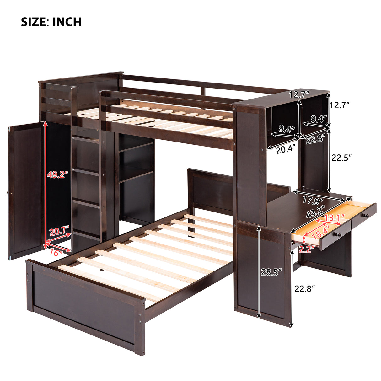 Twin size Loft Bed with a Stand-alone bed, Shelves,Desk,and Wardrobe-Espresso - Home Elegance USA