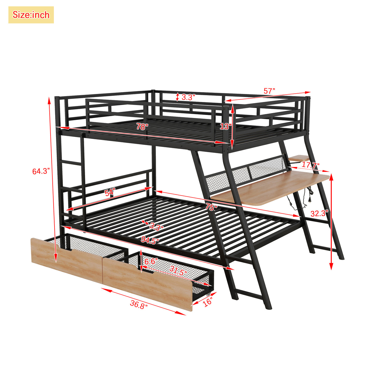 Full Size Metal Bunk Bed with Built-in Desk, Light and 2 Drawers, Black(Expected Arrival Time: 9.18)