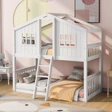 Twin Over Twin House Bunk Bed With Ladder, Wood Bed-White - Home Elegance USA