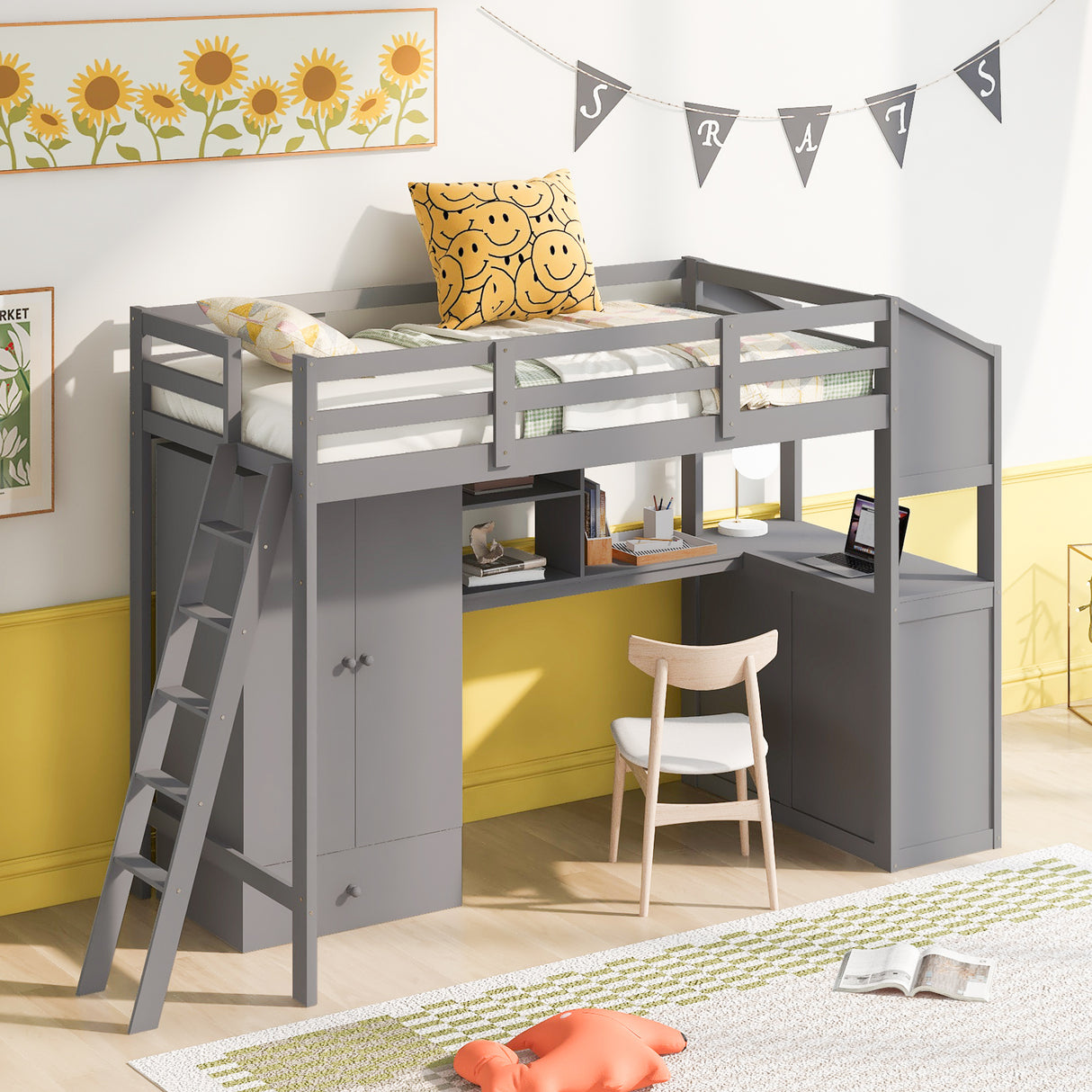 Twin Size Loft Bed with Wardrobe and Drawers, attached Desk with Shelves, Gray - Home Elegance USA