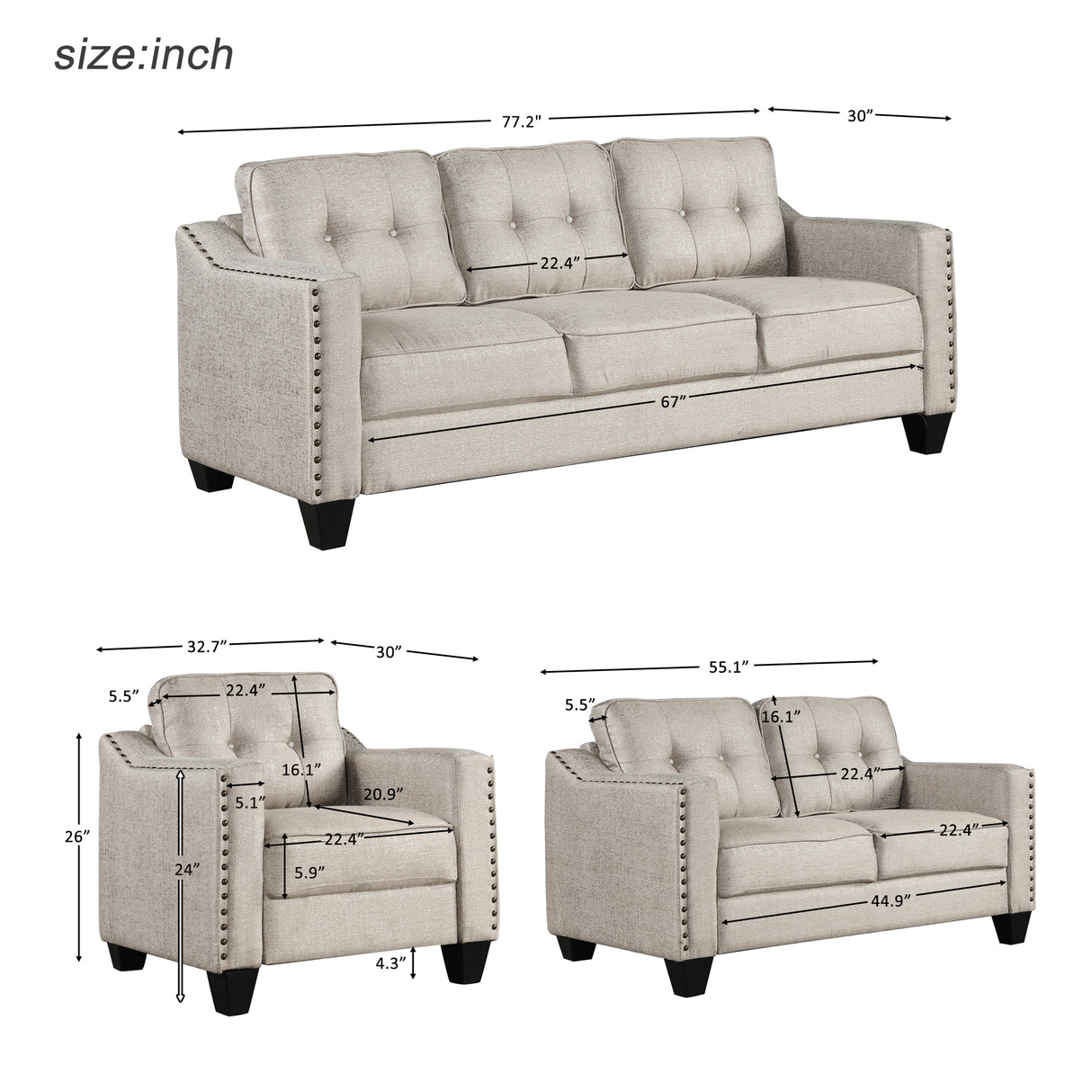 3 Piece Living Room Set | Home Elegance USA