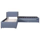 L-shaped Upholstered Platform Bed with Trundle and Two Drawers Linked with built-in Desk,Twin,Gray - Home Elegance USA