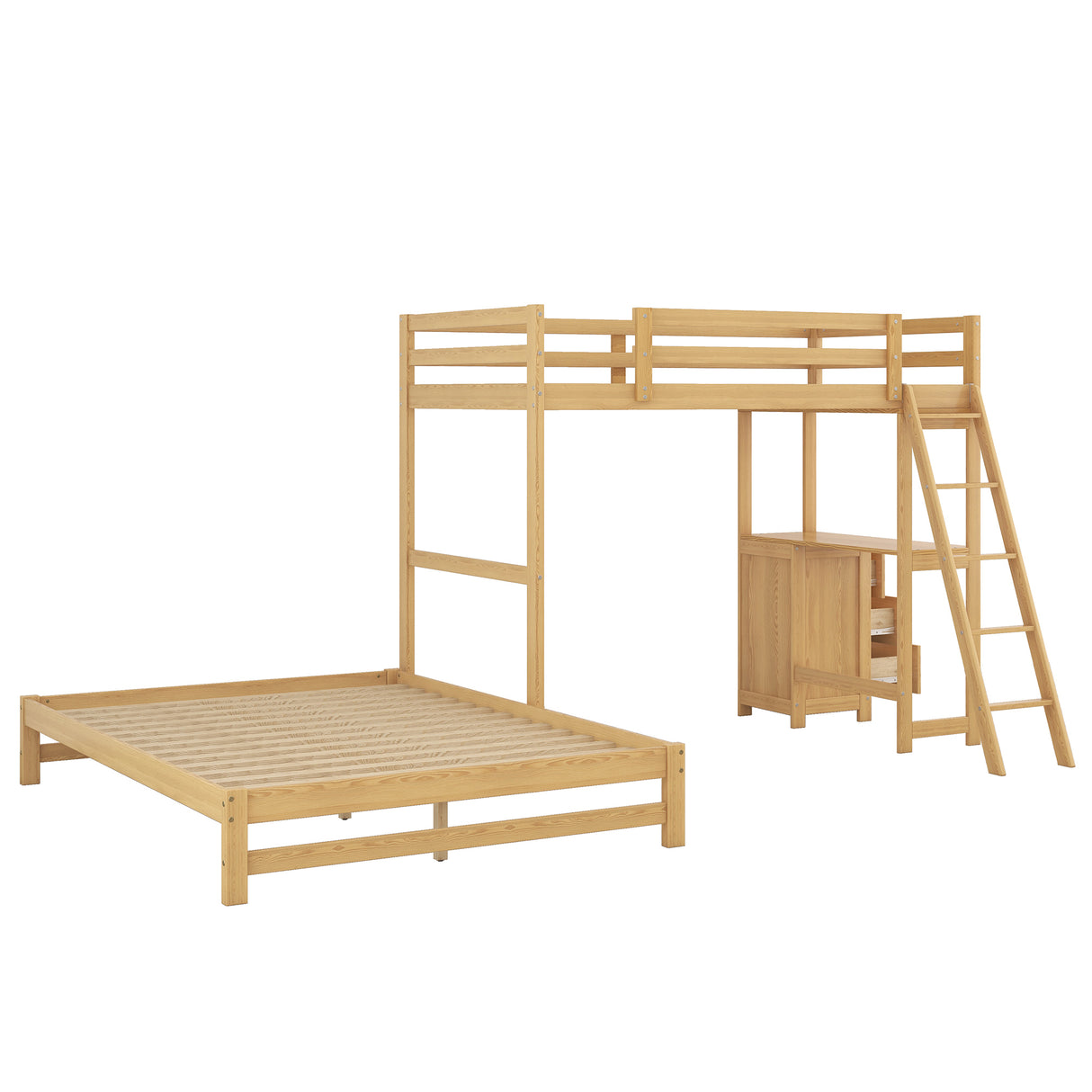 Twin over Full Bunk Bed with Built-in Desk and Three Drawers,Natural - Home Elegance USA