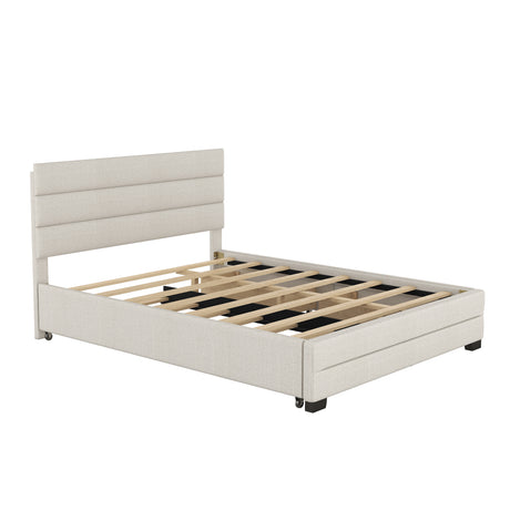 Queen Upholstered Platform Bed with Twin Size Trundle and Two Drawers, Beige - Home Elegance USA