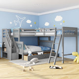 Twin over Full L-Shaped Bunk Bed With 3 Drawers, Ladder and Staircase - Gray - Home Elegance USA