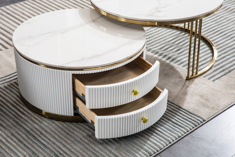 Modern Nesting MDF Coffee Table Set of 2, Round White End Table, Sintered Stone Appearance with Gold Finish Metal Base - Home Elegance USA