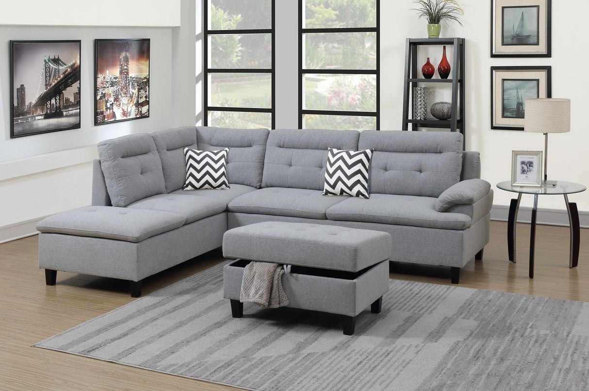 Living Room Furniture Grey Cushion Sectional w Ottoman Linen Like Fabric Sofa Chaise - Home Elegance USA