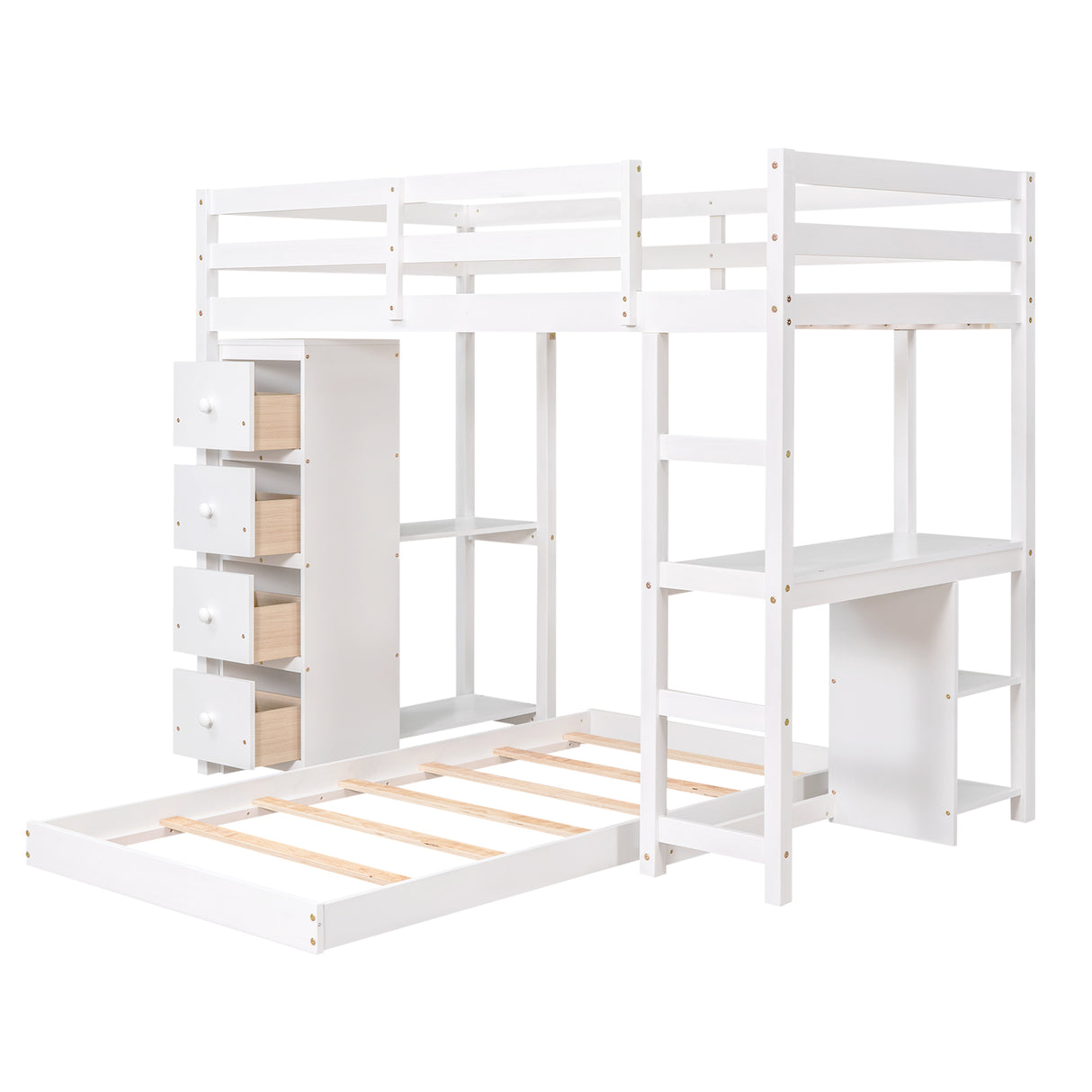 Twin over Twin Bed with Drawers and Shelves,White - Home Elegance USA