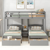 Twin over Twin & Twin Bunk Bed with Two Drawers and Built-in Middle Drawer, Gray - Home Elegance USA