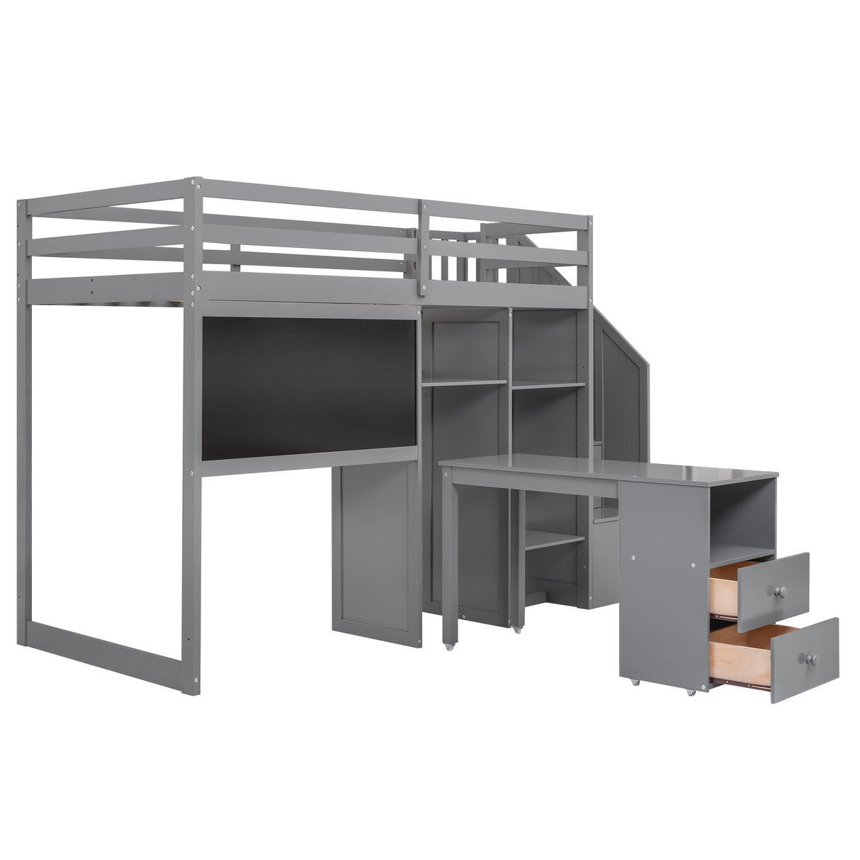 Twin Size Loft Bed with Pullable Desk and Storage Shelves,Staircase and Blackboard,Gray - Home Elegance USA