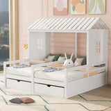 Twin Size House Platform Beds with Two Drawers for Boy and Girl Shared Beds, Combination of 2 Side by Side Twin Size Beds, White - Home Elegance USA