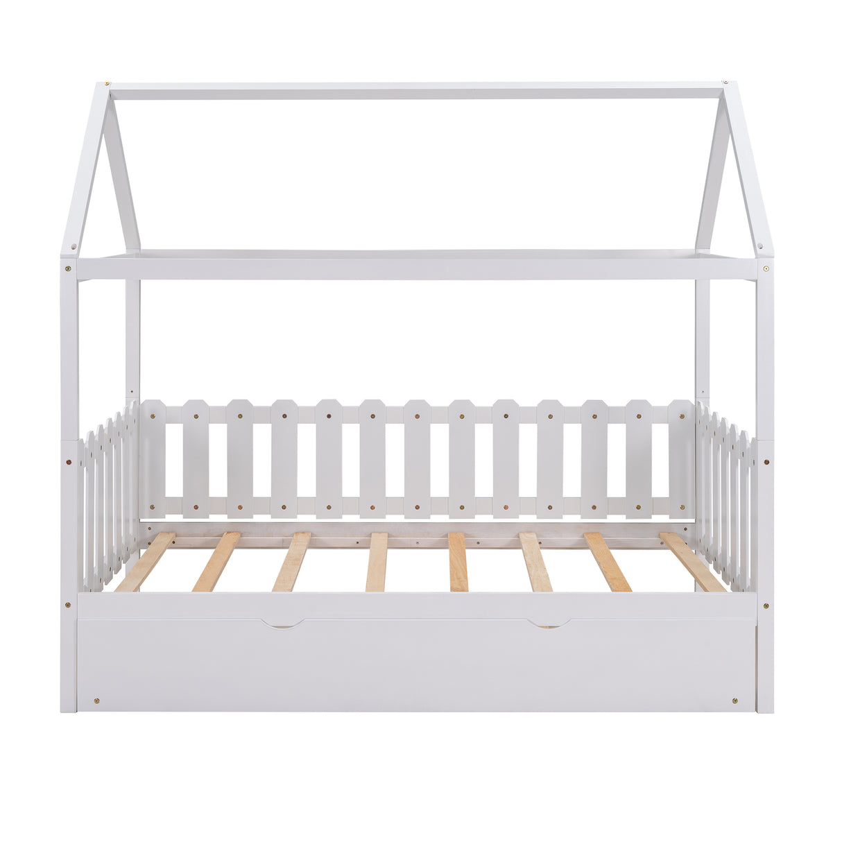 Twin Size House Bed with trundle, Fence-shaped Guardrail, White(New) - Home Elegance USA