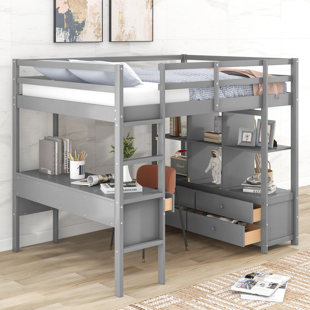 Full Size Loft Bed with Built-in Desk with Two Drawers, and Storage Shelves and Drawers,Gray - Home Elegance USA