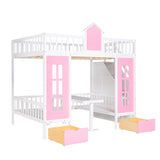 Full-Over-Full Bunk Bed with Changeable Table , Bunk Bed Turn into Upper Bed and Down Desk - Pink - Home Elegance USA