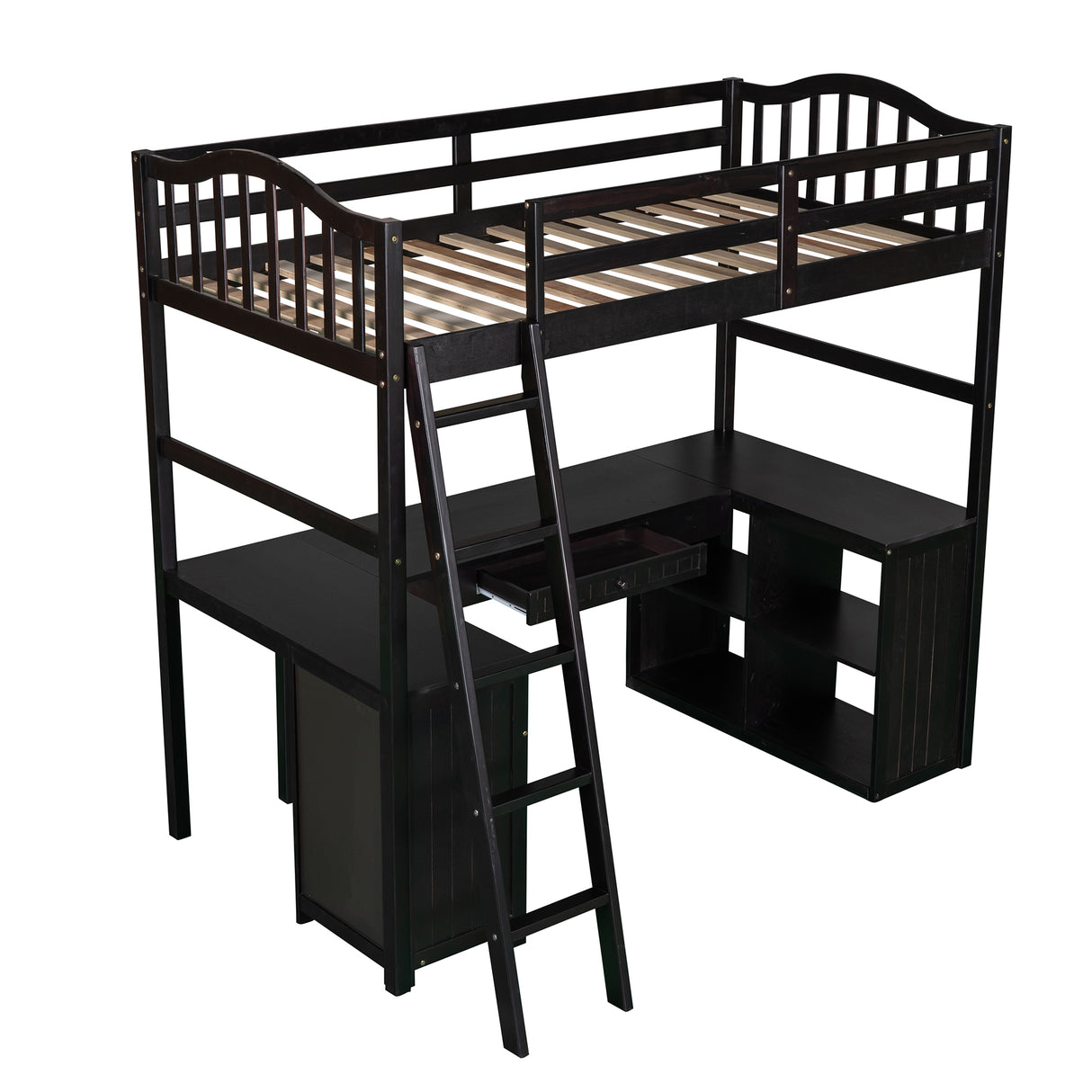 Twin size Loft Bed with Drawers, Cabinet, Shelves and Desk, Wooden Loft Bed with Desk - Espresso(OLD SKU :LP000505AAP) - Home Elegance USA