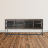 71 Inch Rustic Media Console TV Stand, 4 Glass Panel Doors, Solid Wood, Metal Frame, Brown and Black Home Elegance USA