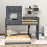 Wooden Twin Over Full Bunk Bed, Loft Bed with Playhouse, Farmhouse, Ladder and Guardrails , Gray( old sku: LP000027AAN ) - Home Elegance USA