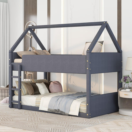 Twin Size Upholstery House Bunk Bed with Headboard and Footboard,Grey - Home Elegance USA
