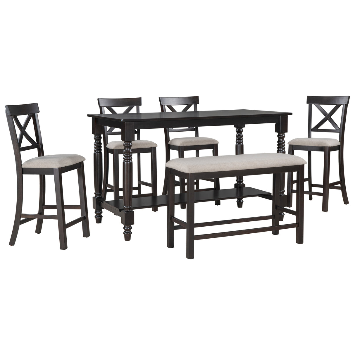 TREXM 6-Piece Counter Height Dining Table Set Table with Shelf 4 Chairs and Bench for Dining Room (Espresso) - Home Elegance USA