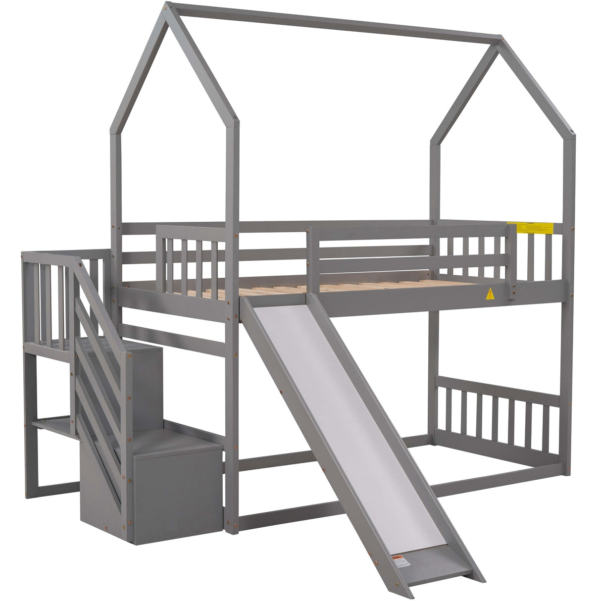 Twin over Twin House Bunk Bed with Convertible Slide,Storage Staircase can be Placed Left or Right,Gray - Home Elegance USA