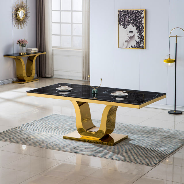 Modern Rectangular Marble Dining Table, 0.71" Thick Marble Top, U Shape Stainless Steel Base with Gold Finish, Size:78"Lx39"Dx30"H(Not Including Chairs) - Home Elegance USA
